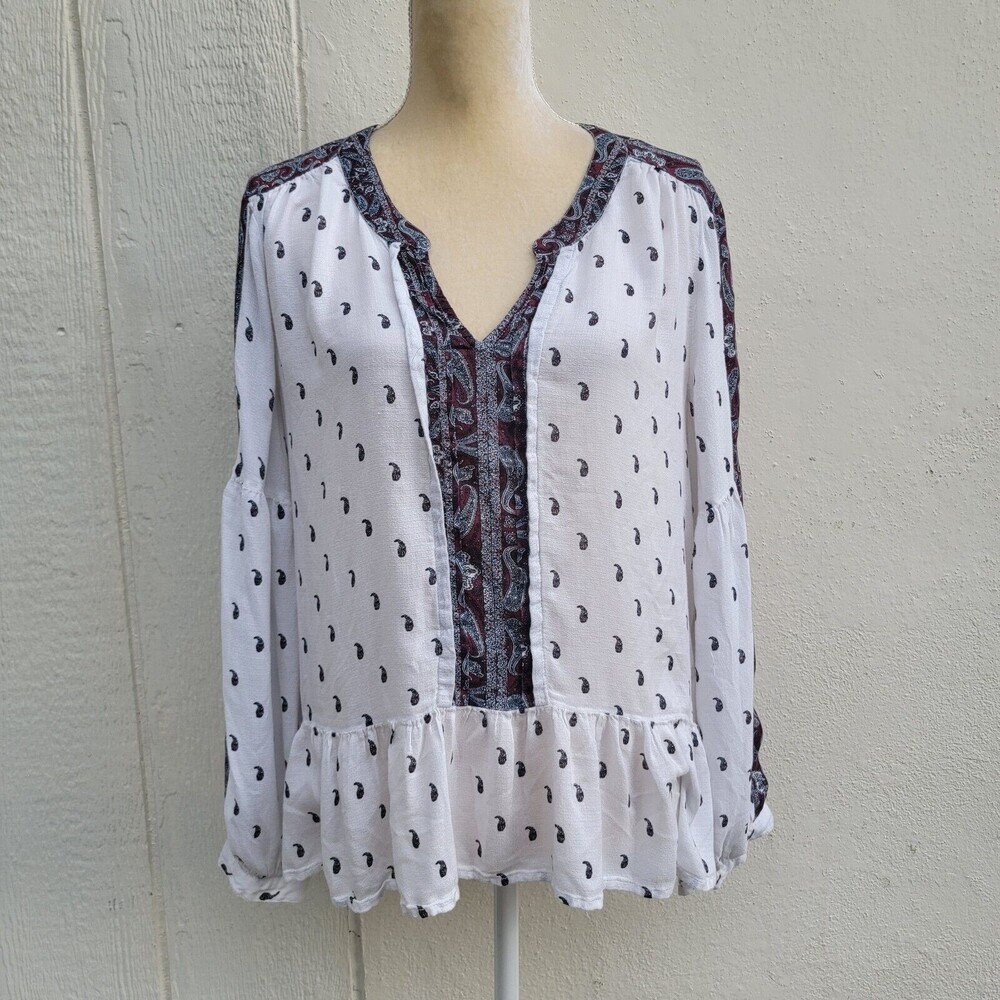 Lucky Brand White Navy Blue Red Paisley Printed Long Sleeve  Blouse Wmns L